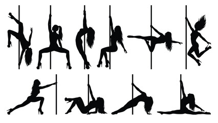 Pole dancers exhibit various acrobatic poses and athletic strength in a set of detailed black silhouettes. © Sadee Girl