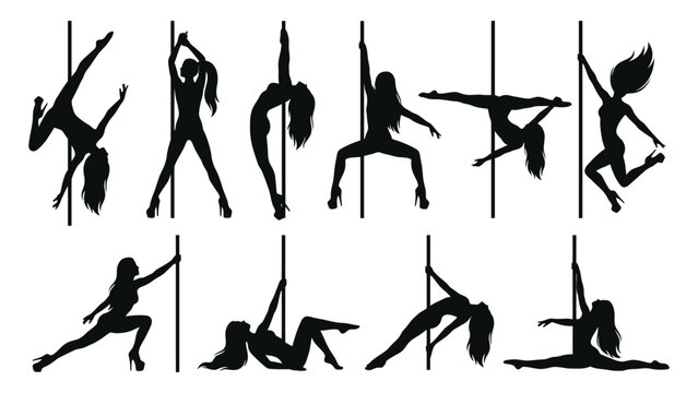 Pole dancers display athletic strength and flexibility in this set of artistic black silhouettes.