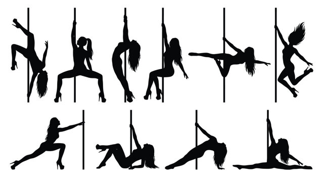 Pole dancers exhibit various acrobatic poses and athletic strength in a set of detailed black silhouettes.