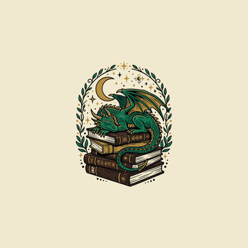 Sleeping Green Dragon on Ancient Book Stack Magic Fantasy Art