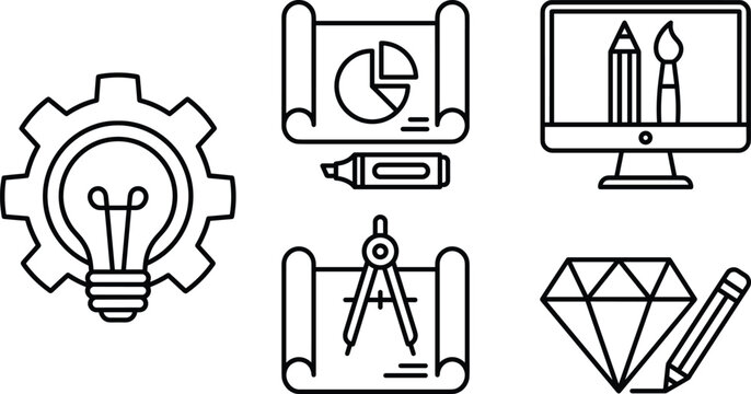 Creative design process line icon set with project blueprint computer art tool diamond and development gear bulb vector