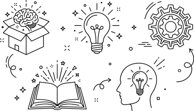 Creative innovation process line icon set with thinking brain lightbulb gear open book and human mind head vector