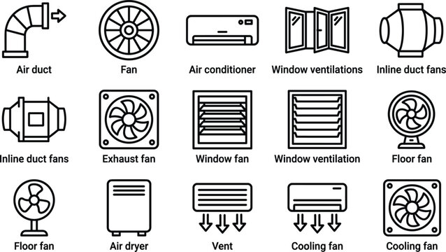 Ventilation and air conditioning icon set with duct fan exhaust conditioner blower dryer window vent systems