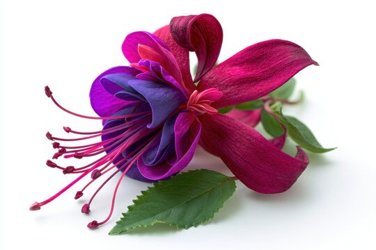 Closeup of a beautiful fuchsia flower with pink and purple petals isolated on white background