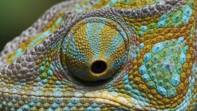 Macro extreme close-up of a colorful chameleon eye and textured skin
