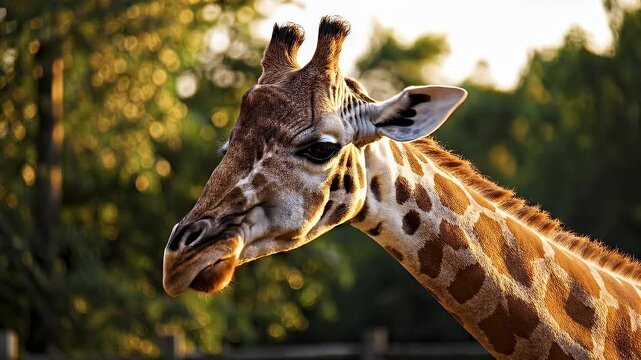 Close-up profile of a majestic giraffe in the warm sunlight
