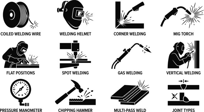 Welding industry icon set with helmet torch wire spool manometer hammer spot gas and joint positions