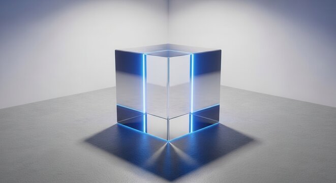 Shiny metallic cube with blue light.