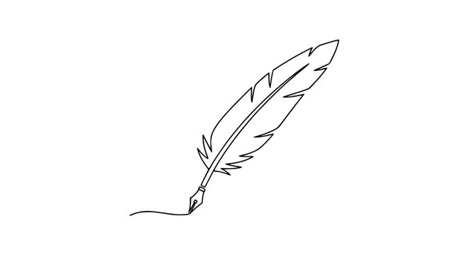 Single line drawing of a quill pen writing on white background
