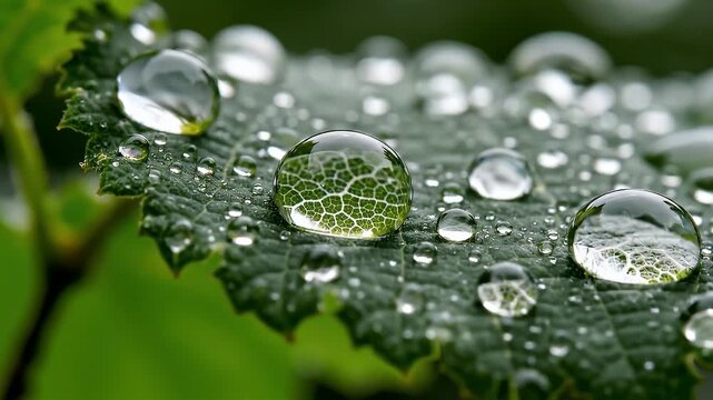 Macro extreme close up of clear water drops on a green leaf
