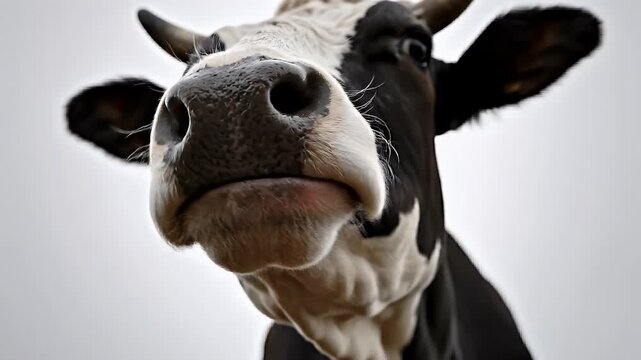 Extreme close-up of a dairy cow chewing food on a farm
