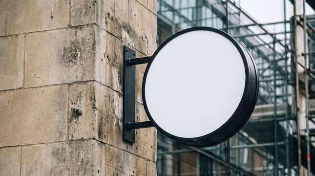 blank circular white sign hanging on a stone wall building exterior