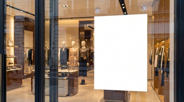 blank white poster mockup on glass window of fashion boutique storefront