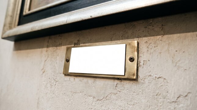 blank brass plaque on a textured wall below a picture frame