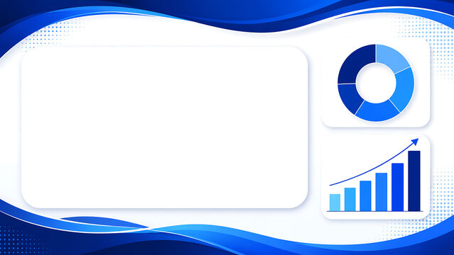 Business presentation template with blue abstract wave background, donut chart, and rising bar graph