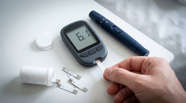 Close-crop of a blood glucose monitor kit including test strips and a lancet device.