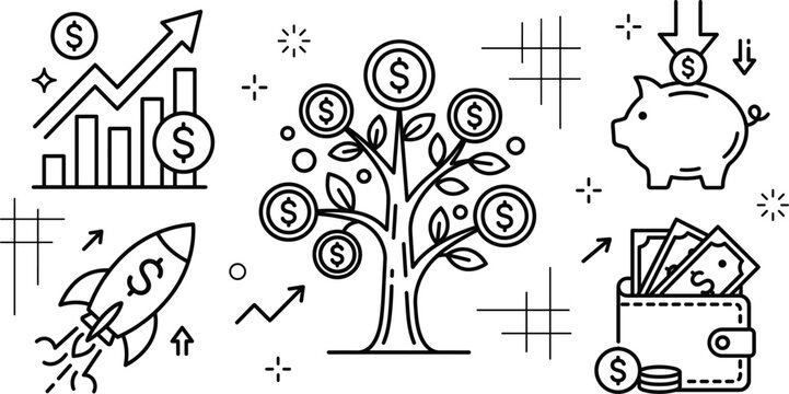 Financial investment line icon set with money tree startup rocket wallet piggy bank savings and stock growth vector