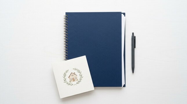 Overhead flat lay of a completed discharge folder a pen and a small welcome home card.