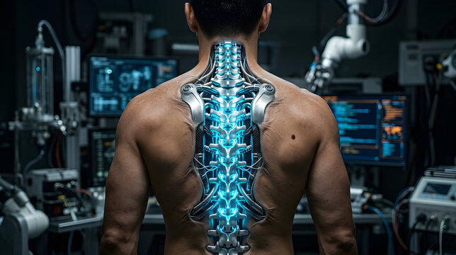Macro realistic photo of a luminescent silver cybernetic exoskeleton spinal cord integrated into a human back.