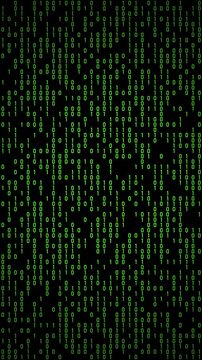Vertical green binary code running on screen. Mobile background seamless loop animation of digital data flow, programming background, cybersecurity, matrix effect, vertical tech video background