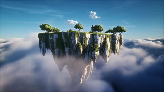 A majestic floating island with lush green trees and rocky cliffs hovers above a serene sea of white clouds under a clear blue sky, creating a fantastical landscape.