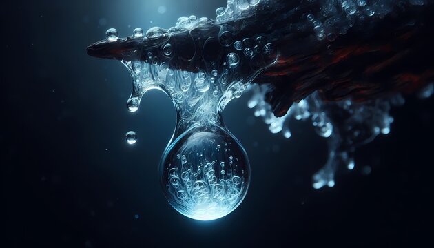Extreme macro shot of a melting icicle hanging from a dark tree branch with a large water droplet about to fall, Ai generated image