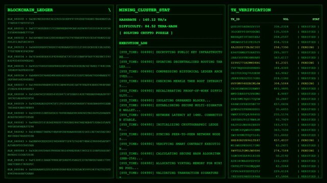 Blockchain Mining Cluster Cryptocurrency Ledger Transaction Verification Dashboard Animation.