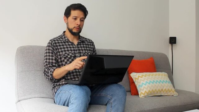 Detailed view of a caucasic man doing a job presentation in a video meeting in a remotely work concept