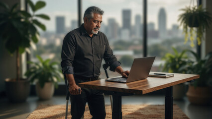 Obraz premium Mature businessman office man laptop desk standing workspace modern home office city remote work focus professional workday calm mood Disabled entrepreneur home office concept