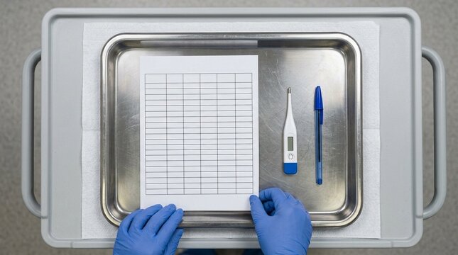 Overhead flat lay of a digital thermometer a vital signs chart and a pen on a tray.