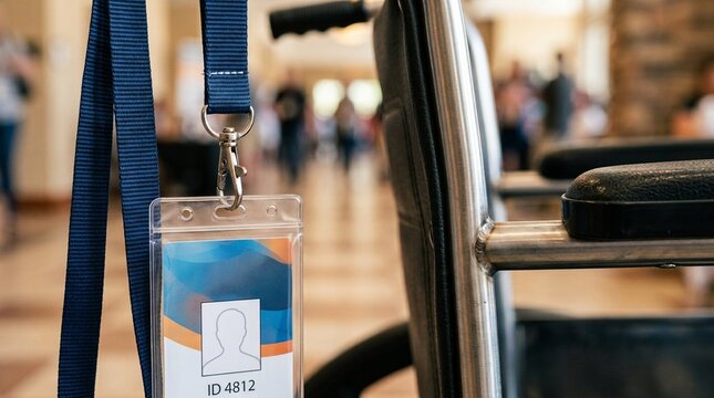 Close-crop of a volunteer badge clipped to a lanyard beside a wheelchair handle.