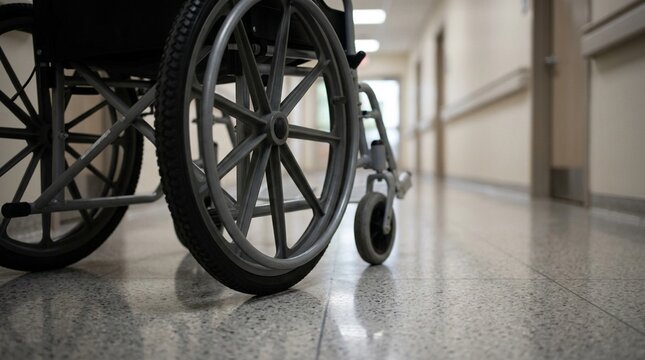 Close-crop of wheelchair wheels rolling across a polished hospital corridor floor toward the exit.