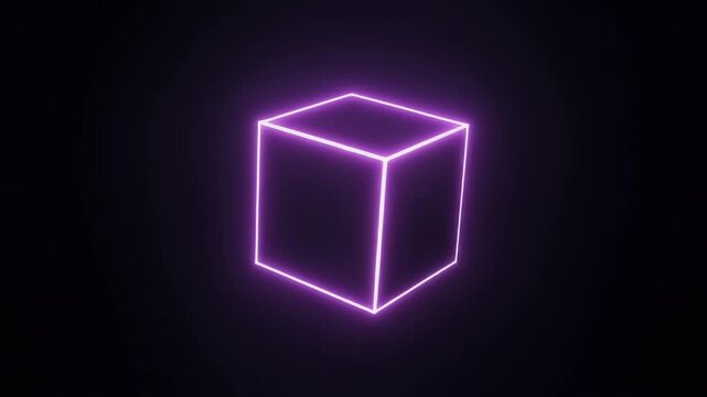 A glowing purple neon wireframe cube against a dark black background.