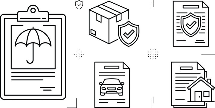 Insurance policy line icon set with secure cargo box car protection umbrella clipboard home property contract agreement vector
