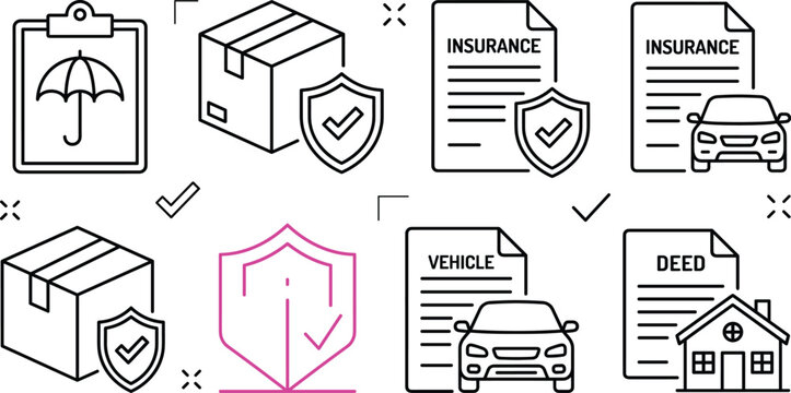 Insurance policy line icon set with secure cargo box car protection umbrella clipboard vehicle deed and property vector