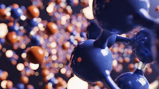Dense cluster of blue and copper molecular spheres.