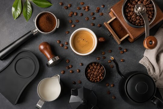 Freshly brewed coffee, coffee beans, and brewing accessories laid out on a dark surface, creating an inviting atmosphere for coffee lovers