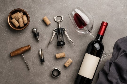 Wine bottle with a glass of red wine and corkscrew on a textured surface, surrounded by wine accessories