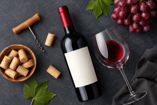 Red wine bottle, glass, and grapes on a dark surface, ready for tasting