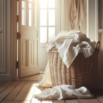 A woven rattan laundry basket overflowing with fresh white linen sheets placed in a bright hallway next to an open door, Ai generated image