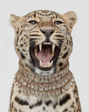 Fierce leopard with open mouth showing sharp teeth wearing exquisite diamond necklace, expressing wild elegance and power