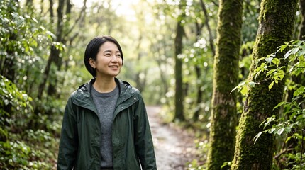 Naklejka premium Smiling Asian woman walking through a lush forest after rain, enjoying nature and outdoor wellness.