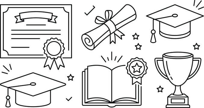 Higher education graduation line icon set with diploma certificate mortarboard cap open book achievement trophy award academic vector