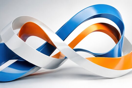 Abstract 3D shape with blue, orange and white bands, forming a Mobius strip loop, with a light gray background