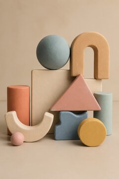 Montessori wooden toys, pastel color geometric shapes, baby learning blocks