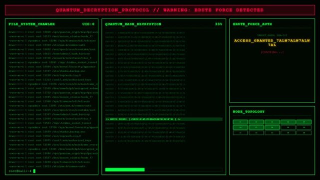 Quantum Decryption Protocol Brute Force Hash Cracking Warning Animation.