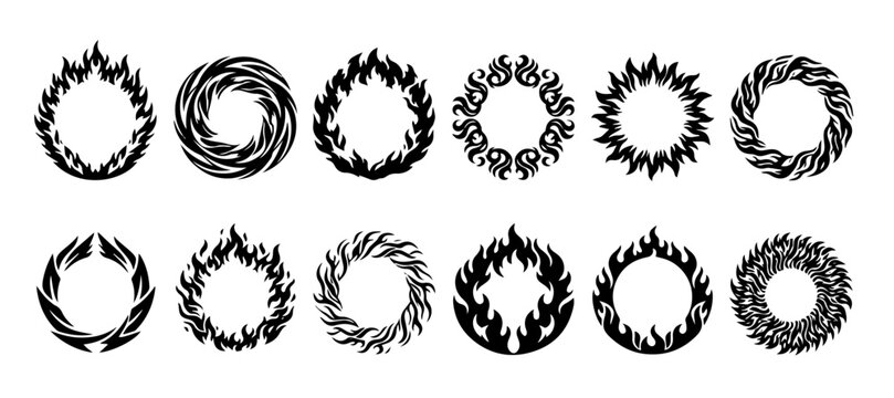 Fire ring flame circle frame icon set tribal wreath tattoo vector