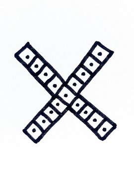 Minimal black ink sketch of an X-shaped cross formed from domino-like tiles with dots. Hand-drawn, geometric and abstract, the image conveys symbol, mark, cancellation and simple graphic design.