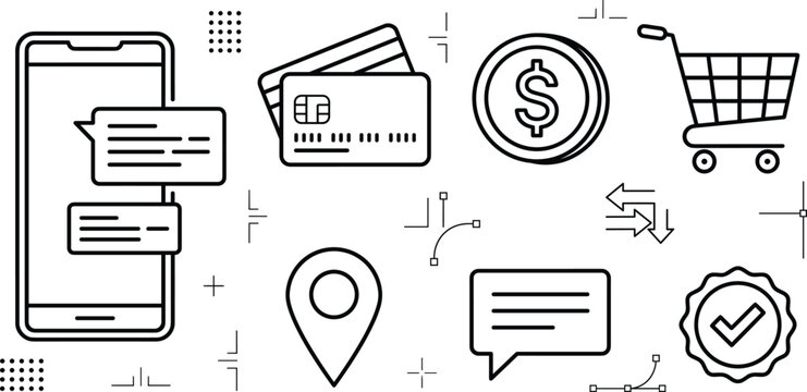 Mobile shopping line icon set with smartphone credit card finance coin cart map pin chat bubble vector