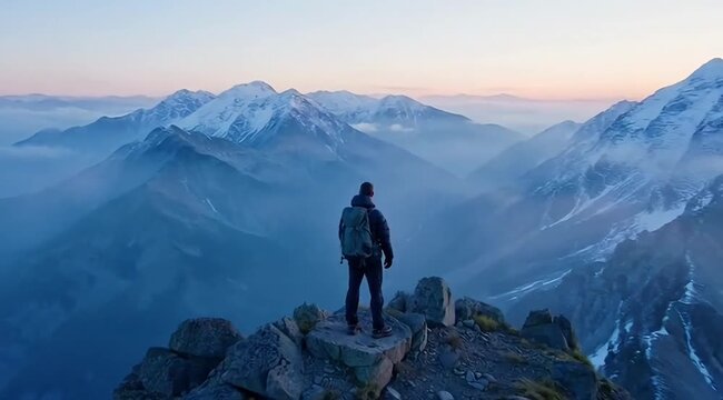 Middle-aged hiker admiring mountain sunrise view. Male traveler with backpack exploring scenic alpine landscape at dawn.